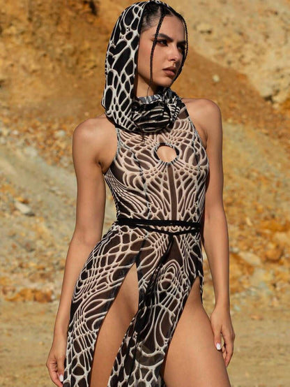 Bone print hooded maxi dress hood up