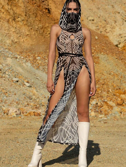 Bone print sheer hooded maxi dress front with high slit