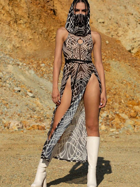 Bone print sheer hooded maxi dress front with high slit
