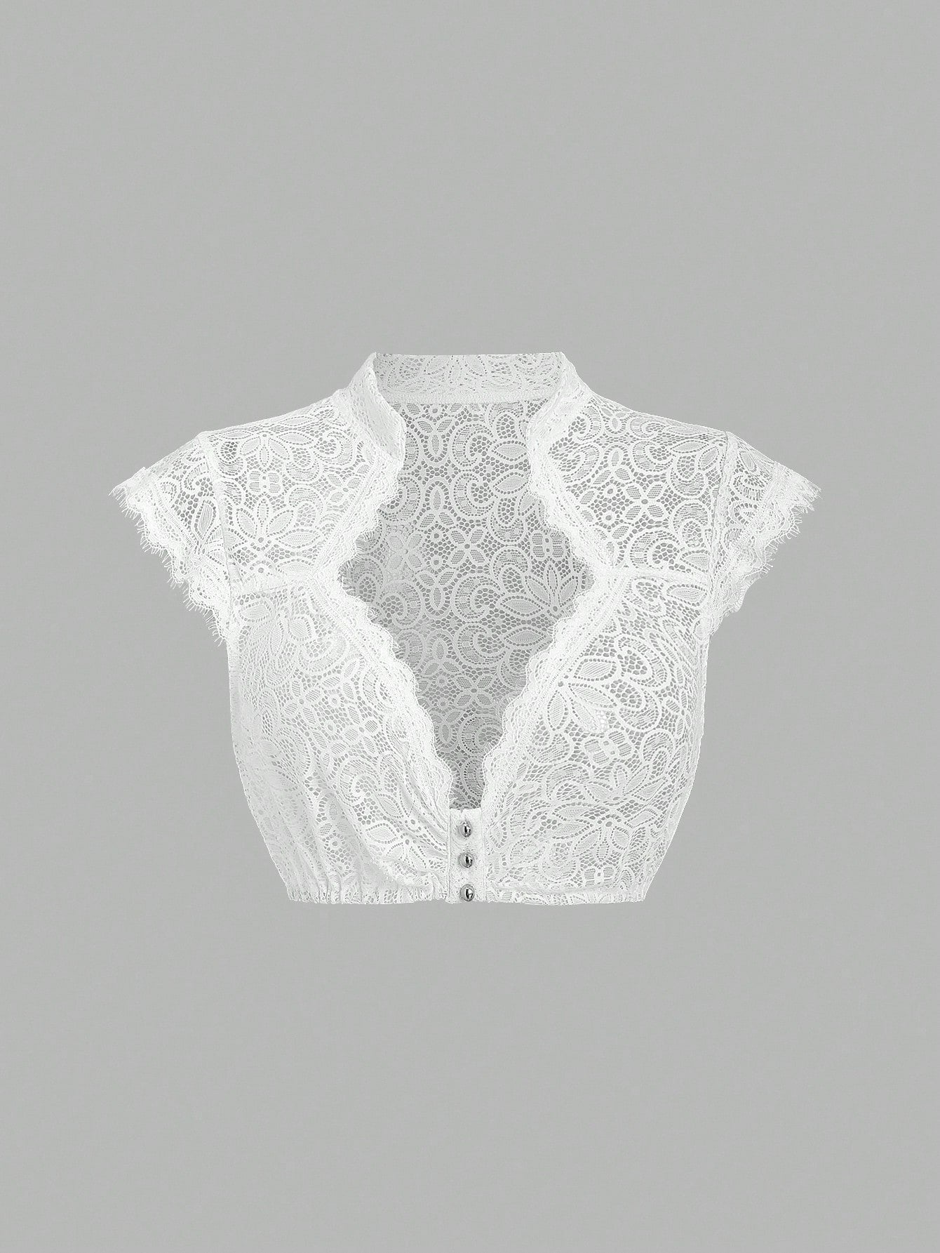 White sheer floral lace dirndl crop top, front view