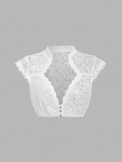White sheer floral lace dirndl crop top, front view