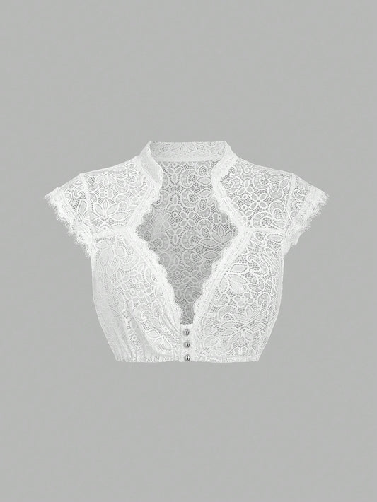 White sheer floral lace dirndl crop top, front view