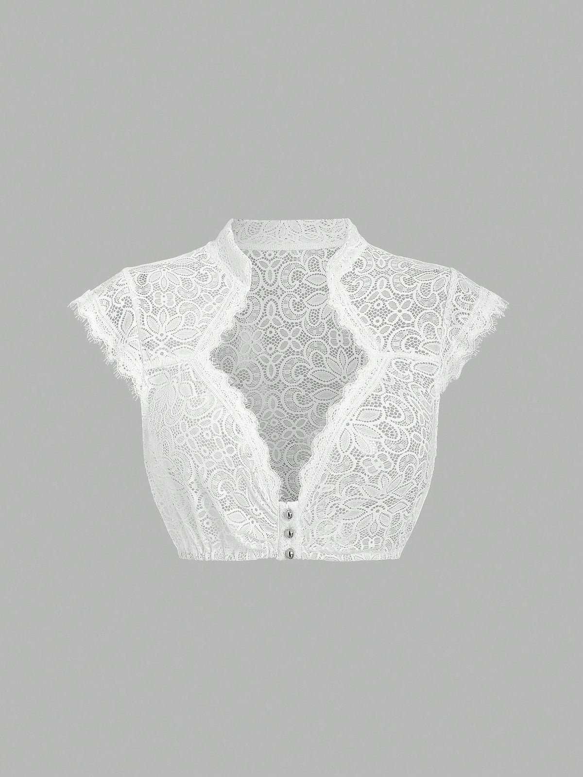 Sheer white floral lace dirndl blouse, front view with stand collar and scalloped plunge