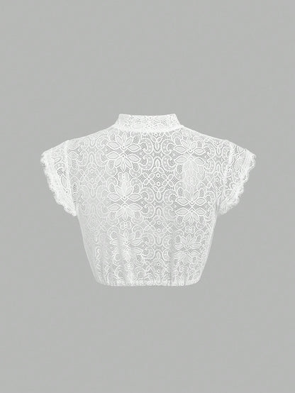 White lace dirndl crop top, back view