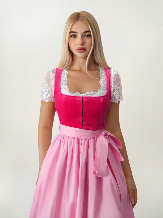 Raspberry dirndl bodice with white lace blouse and pink apron, front detail