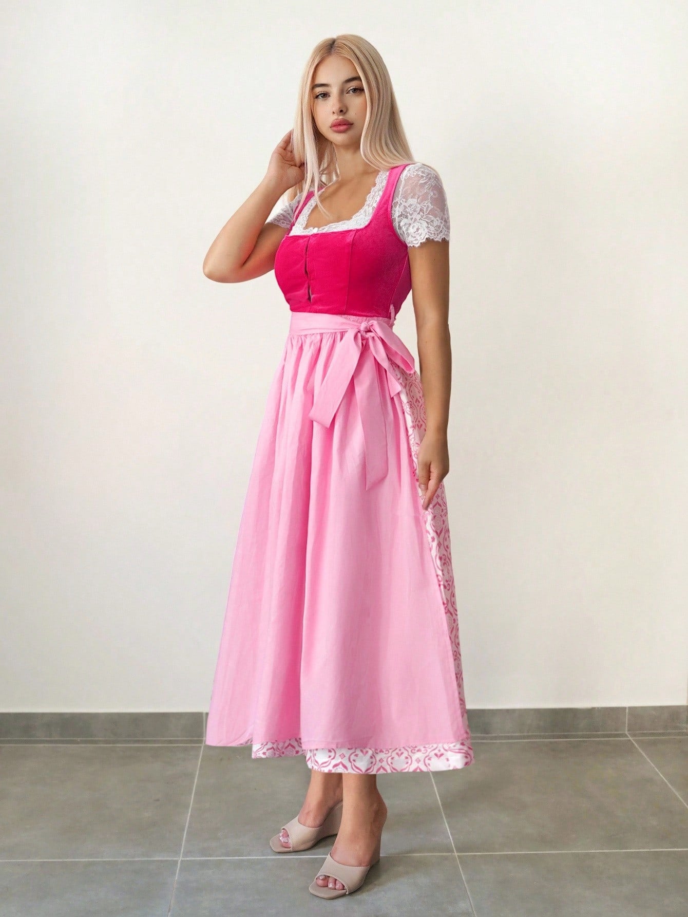 Full length front view of the long pink dirndl set