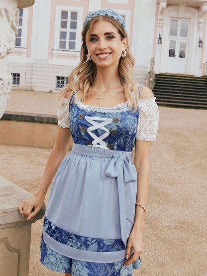 Lace blouse styled under a blue dirndl, dress not included