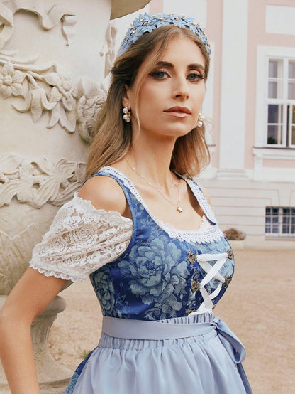 Close view of the lace sleeve and scalloped neckline