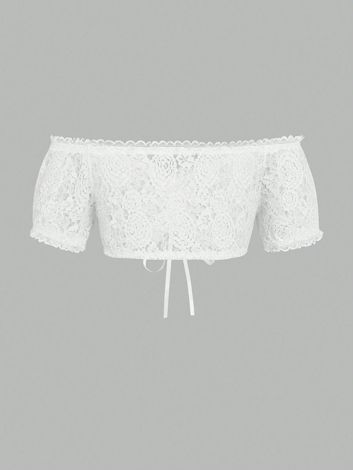 Lace cropped blouse laid flat showing the drawstring front