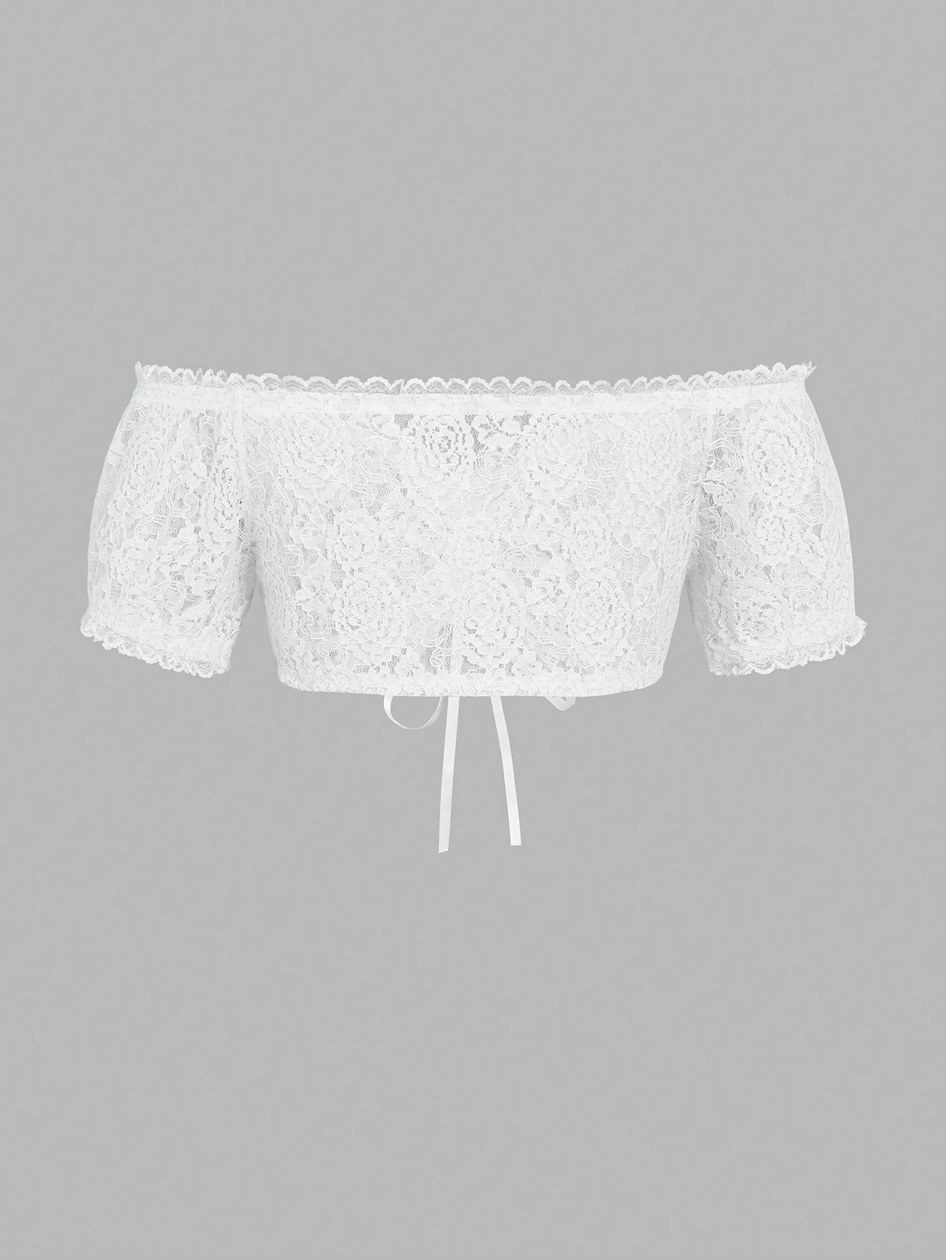 Lace cropped blouse laid flat showing the drawstring front
