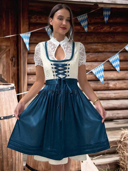 Blue and ivory lace dirndl dress at a beer garden