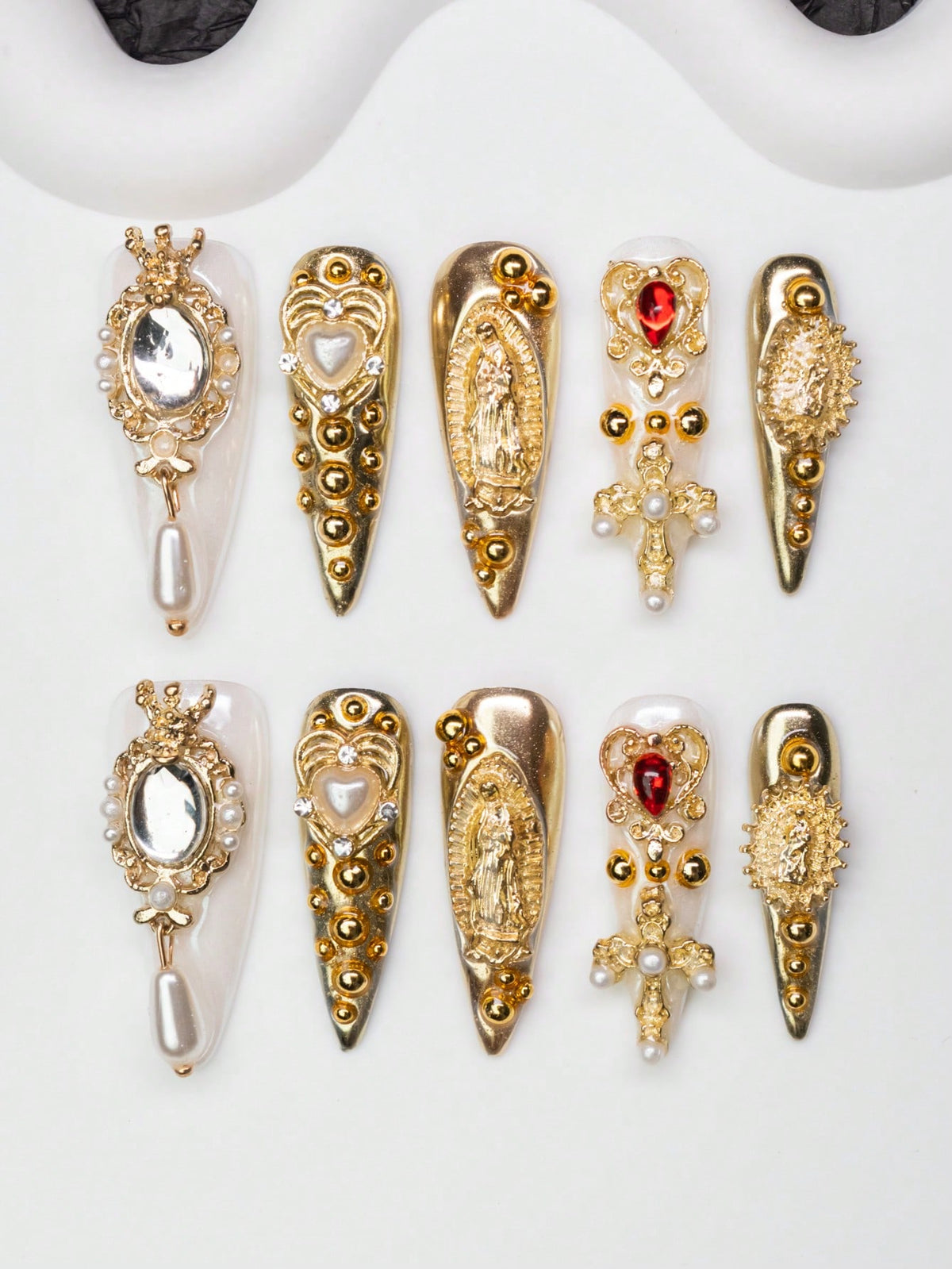 Gold chrome Madonna and pearl drop long stiletto press-on nails