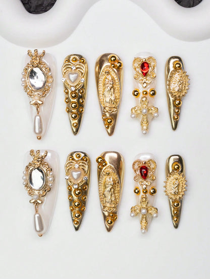 Gold chrome Madonna and pearl drop long stiletto press-on nails