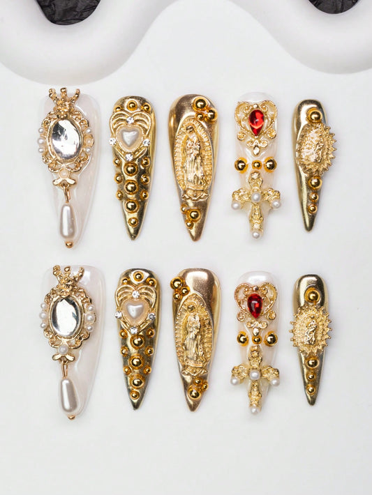 Gold chrome Madonna and pearl drop long stiletto press-on nails