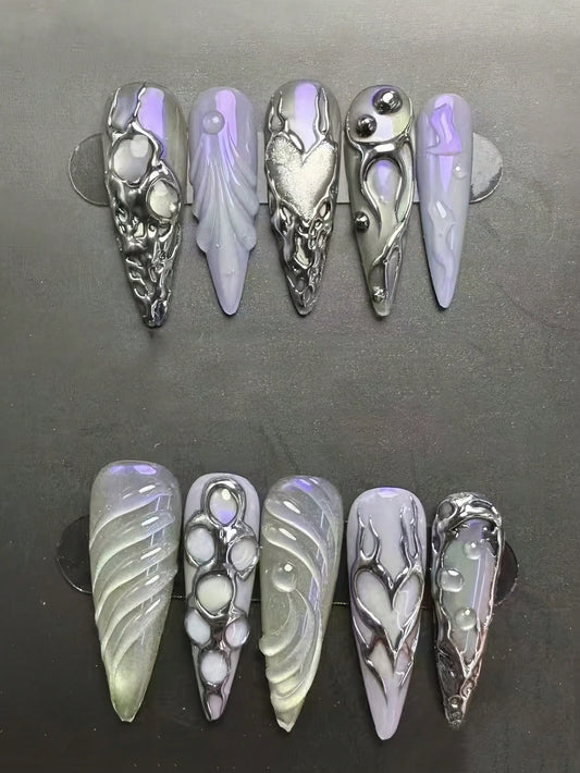Lilac and sage cat-eye long stiletto press-on nails with liquid chrome hearts
