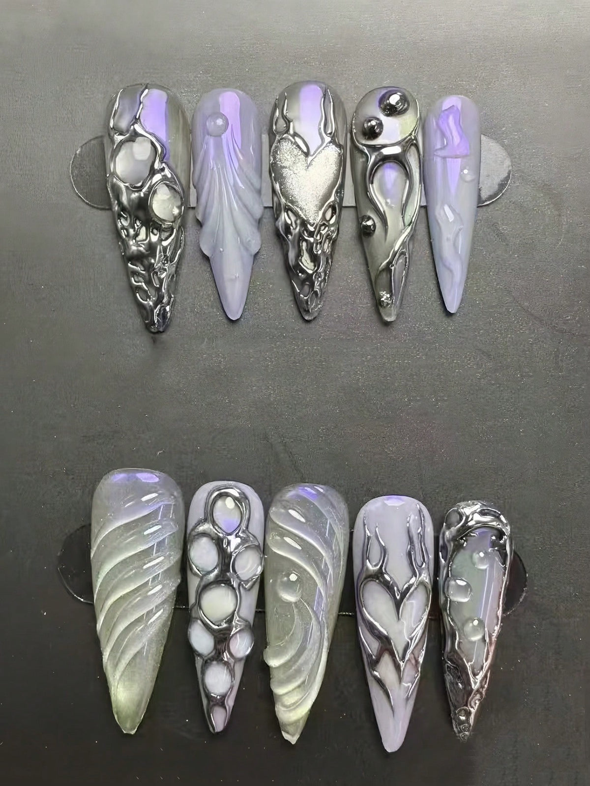 Liquid chrome heart stiletto press-on nails