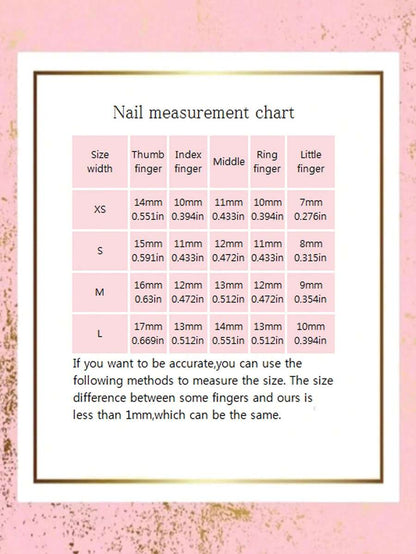 Nail measurement chart with nail bed widths per finger