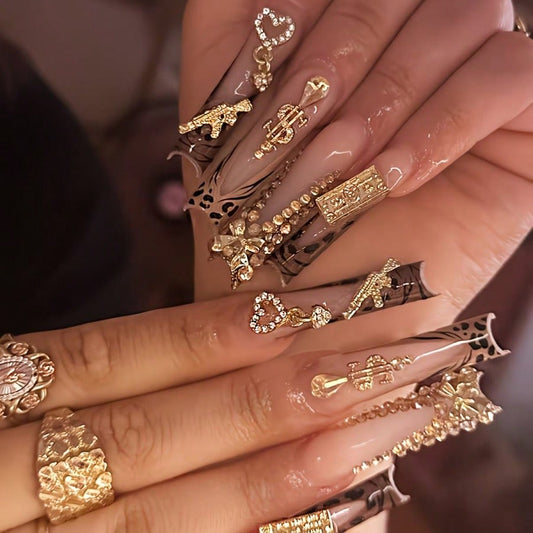 Leopard and zebra French long square press-on nails with gold charms