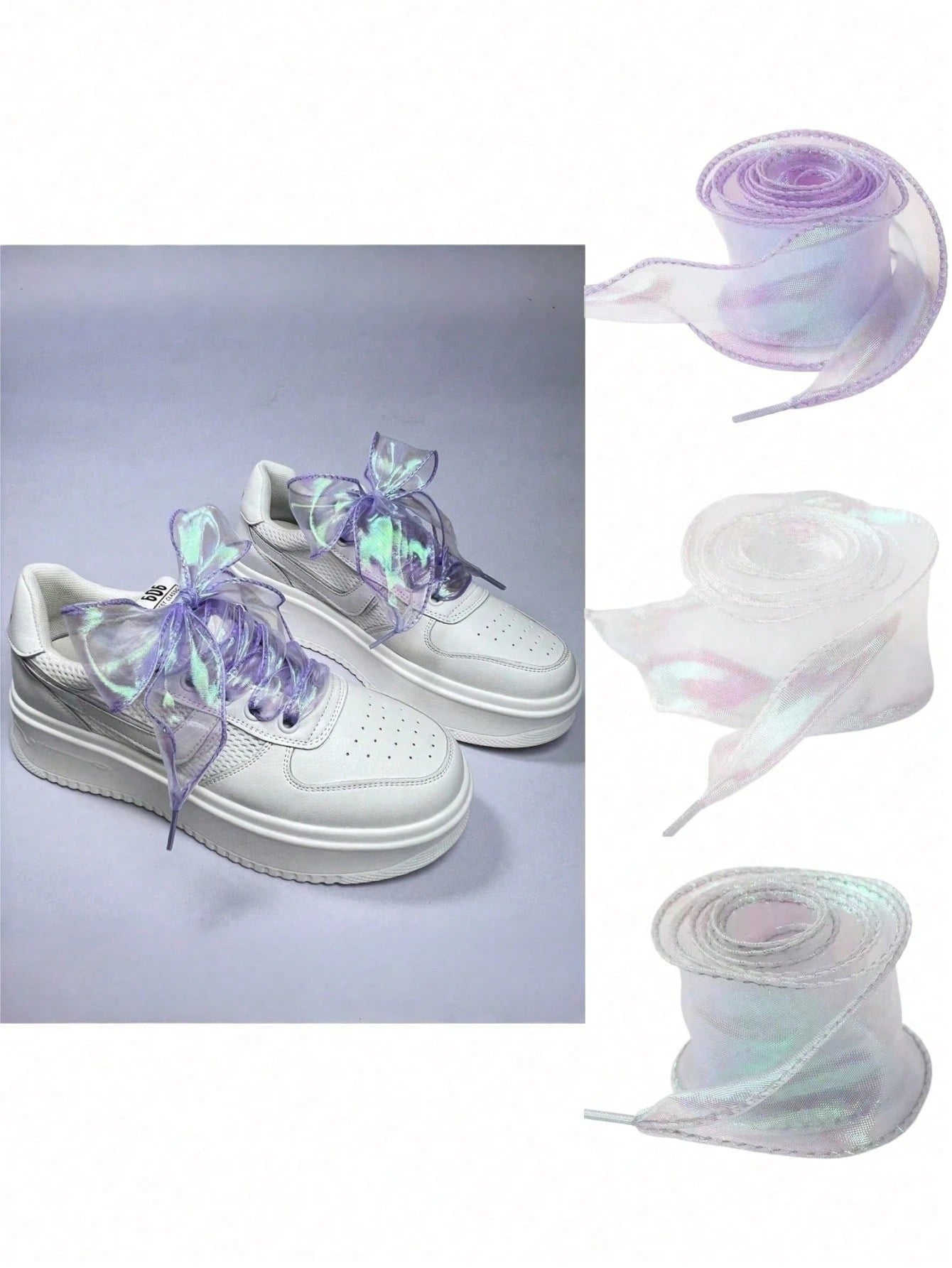 Ribbon shoelaces shown on shoe and rolled