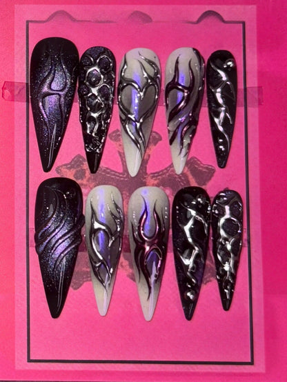 Violet Hex long stiletto press on nails in black shimmer and silver chrome