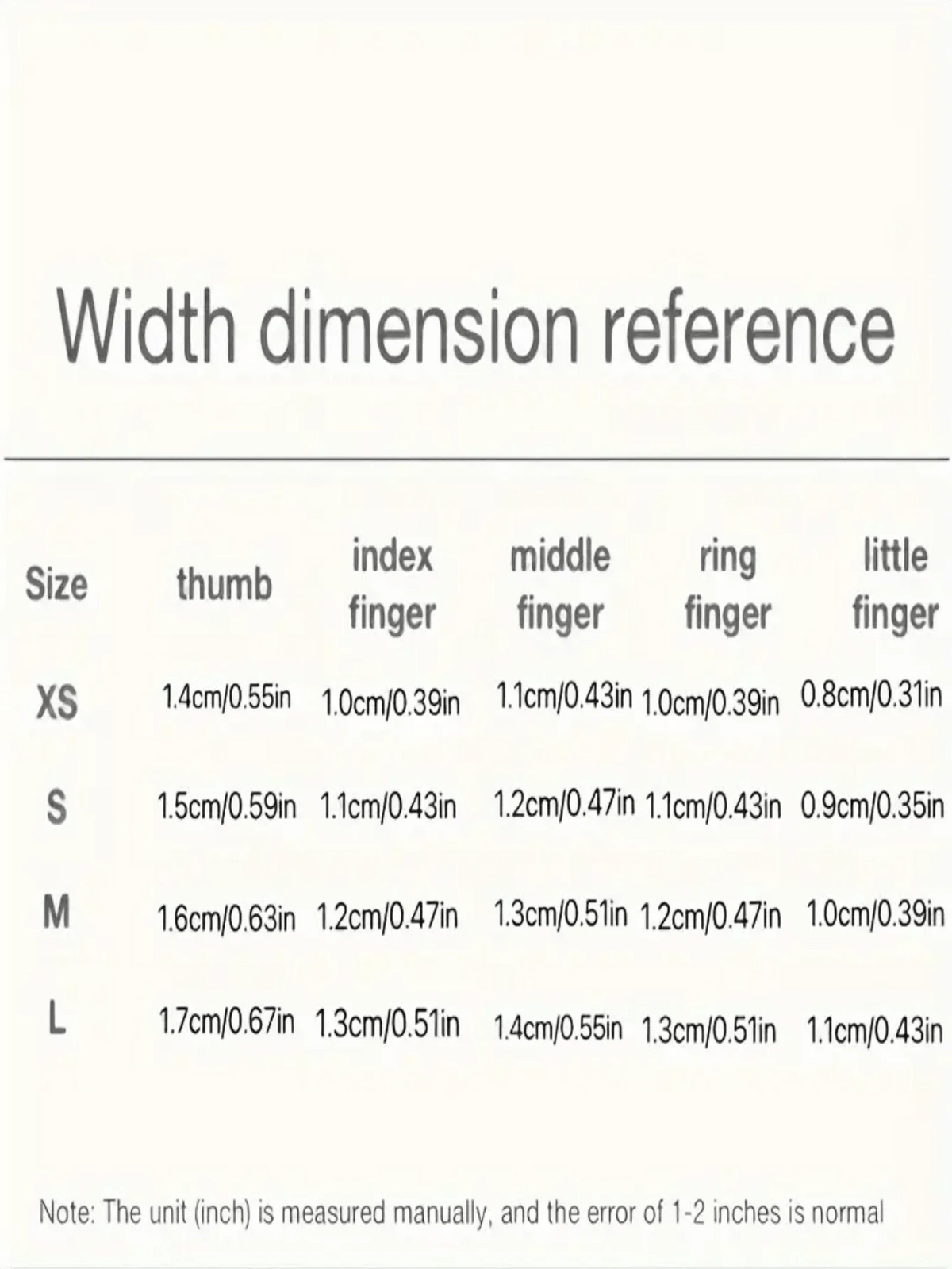 Width dimension reference chart with nail bed widths per finger