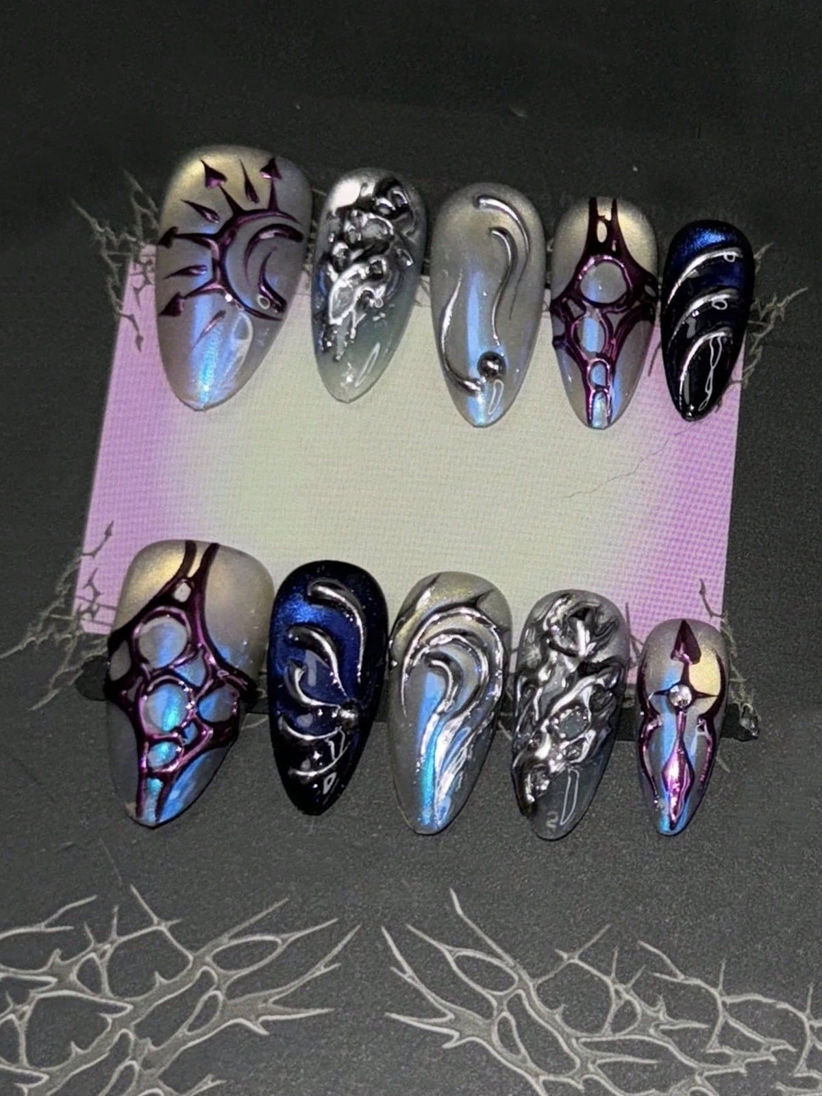 Thornbound Opal almond press on nails full set of ten
