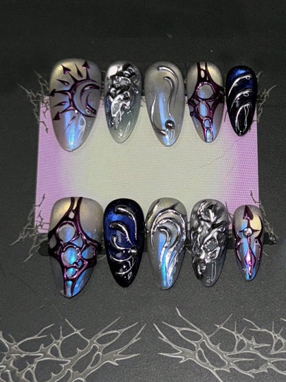 Thornbound Opal press on nails with cobalt cat-eye and silver relief