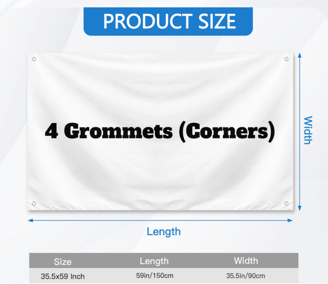 Flag size guide in inches with grommet placement