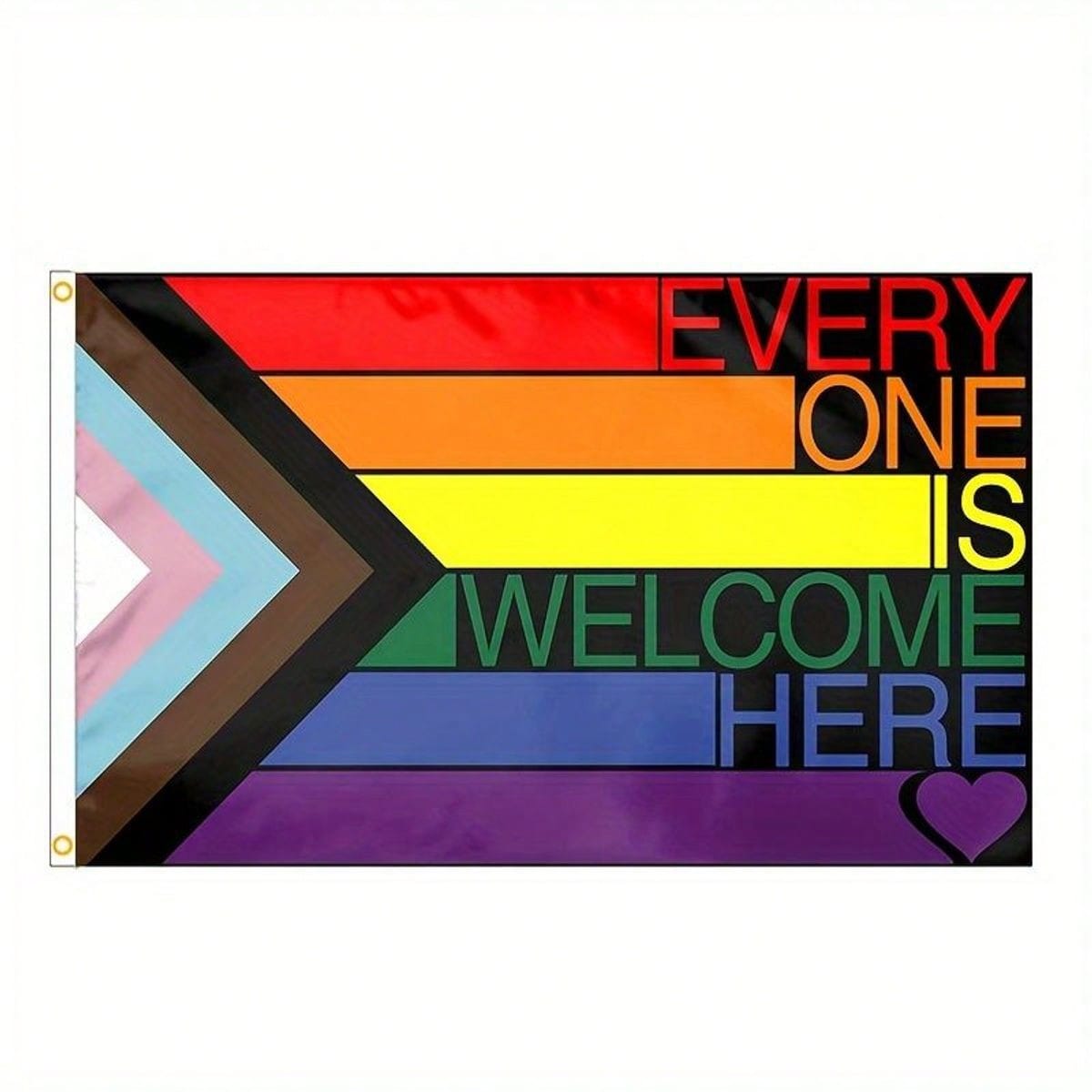 Progress pride flag 3x5 ft with Everyone Is Welcome Here text