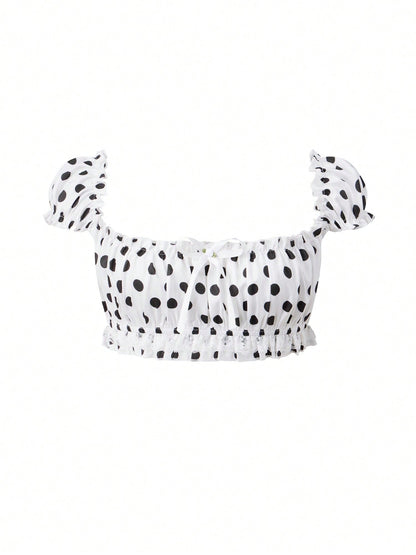 Domino Cream polka dot crop top flat lay front