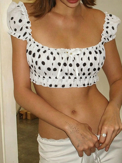 Domino Cream polka dot crop top with ruffle trim