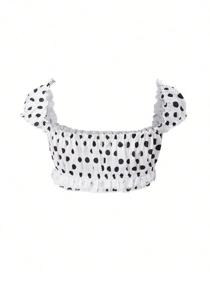 Domino Cream polka dot crop top flat lay back