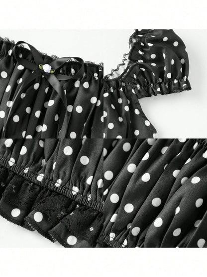 Pin Dot Noir crop top fabric and bow detail