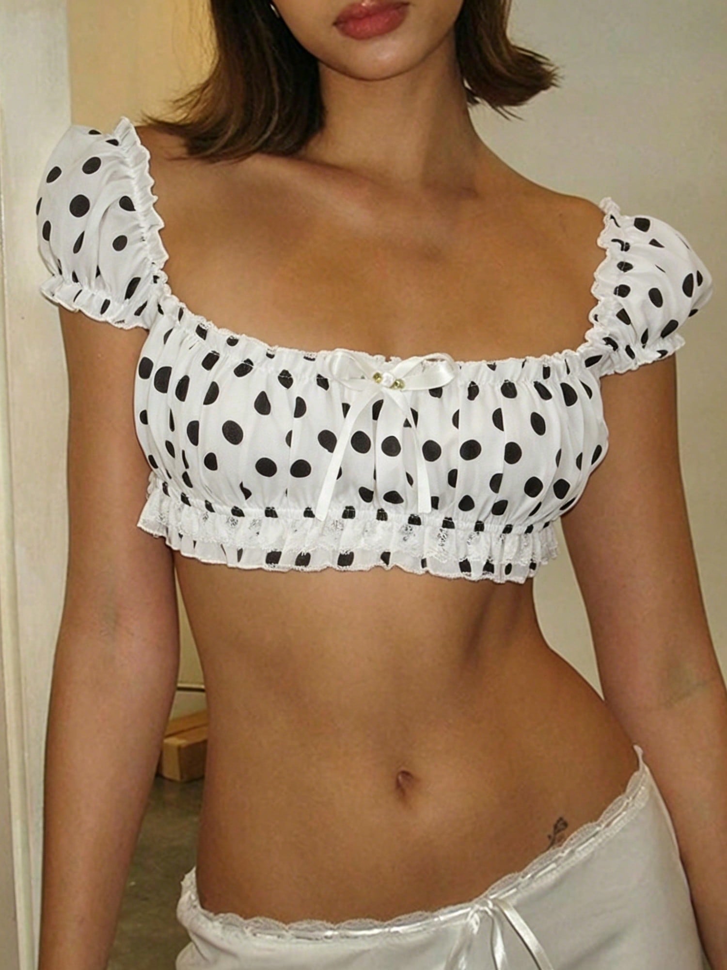 Domino Cream polka dot crop top shirred bust