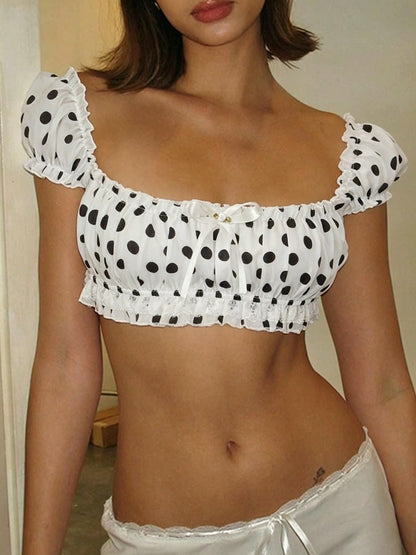 Domino Cream polka dot crop top shirred bust