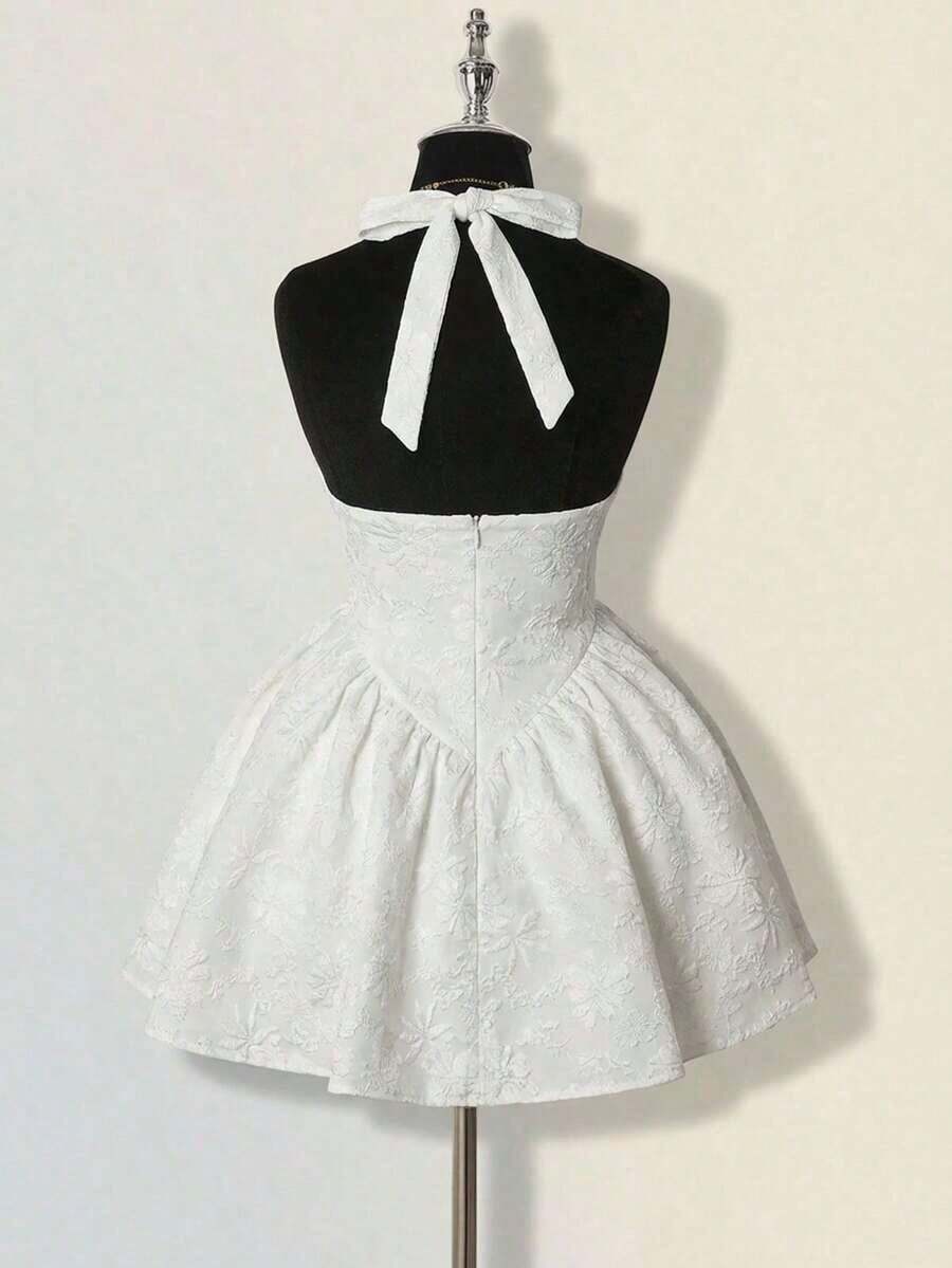 Ivory jacquard halter mini dress front view