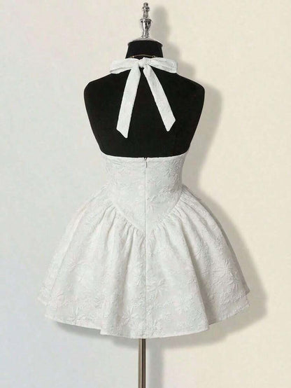 Ivory jacquard halter mini dress front view