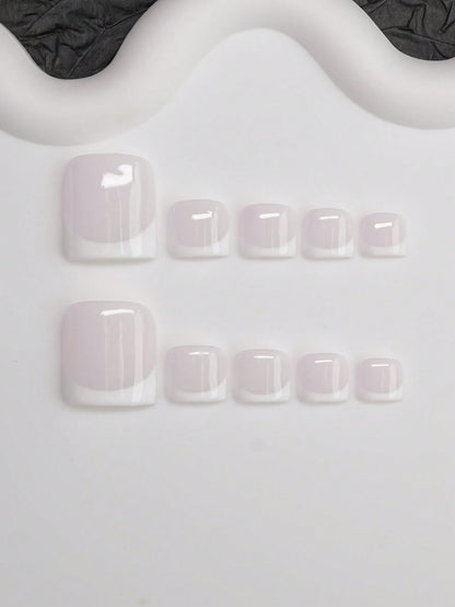 Milky nude white French short square press-on toenails