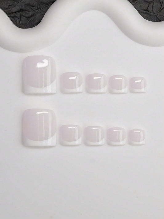 Milky nude white French short square press-on toenails