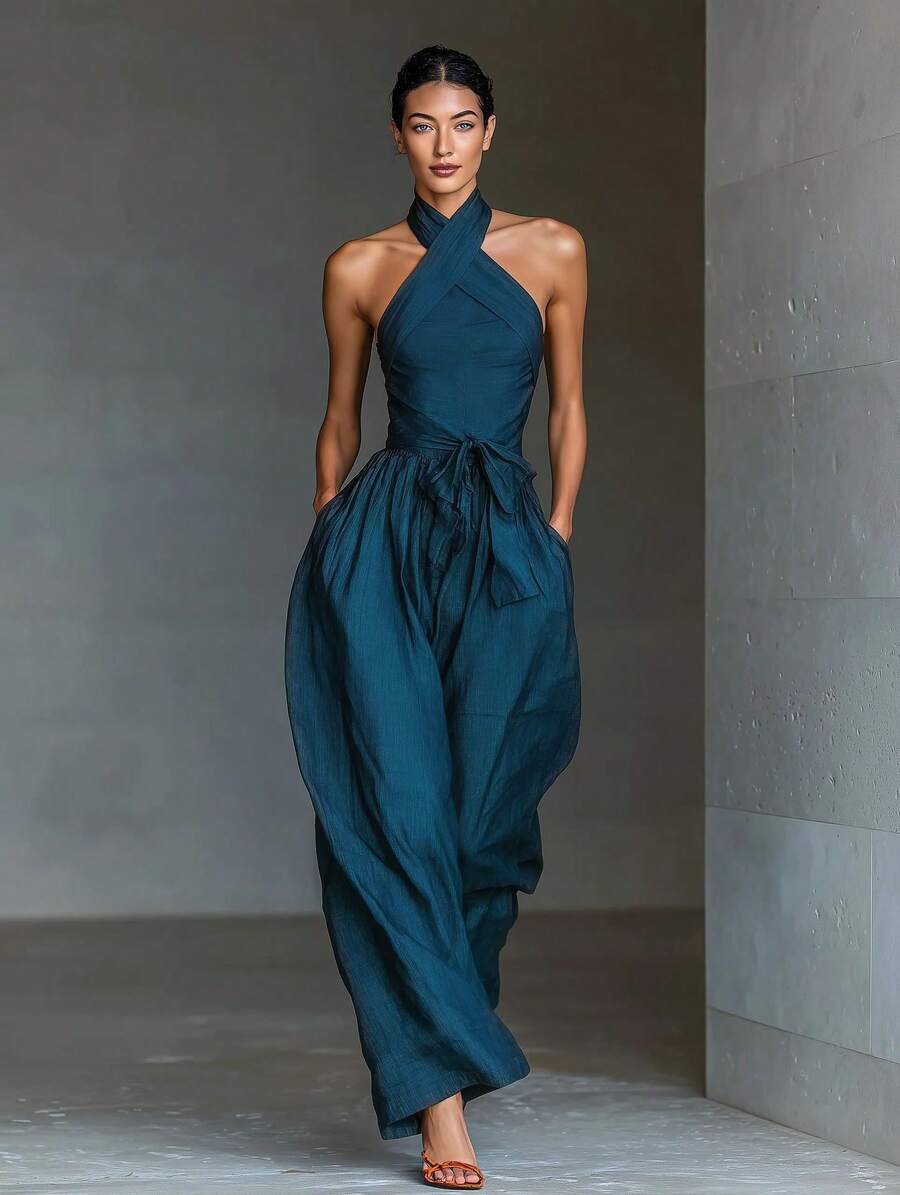 Deep teal cross-halter jumpsuit