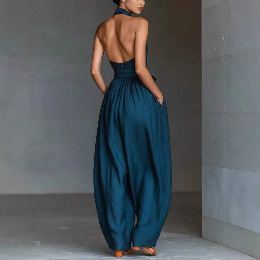 Cross-halter jumpsuit bodice detail