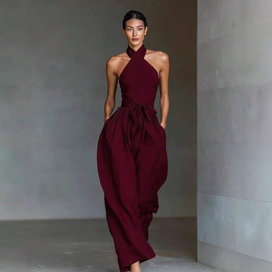Cross-halter linen jumpsuit in deep teal