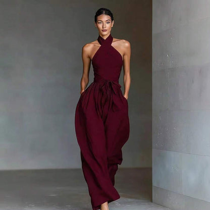 Cross-halter linen jumpsuit in deep teal