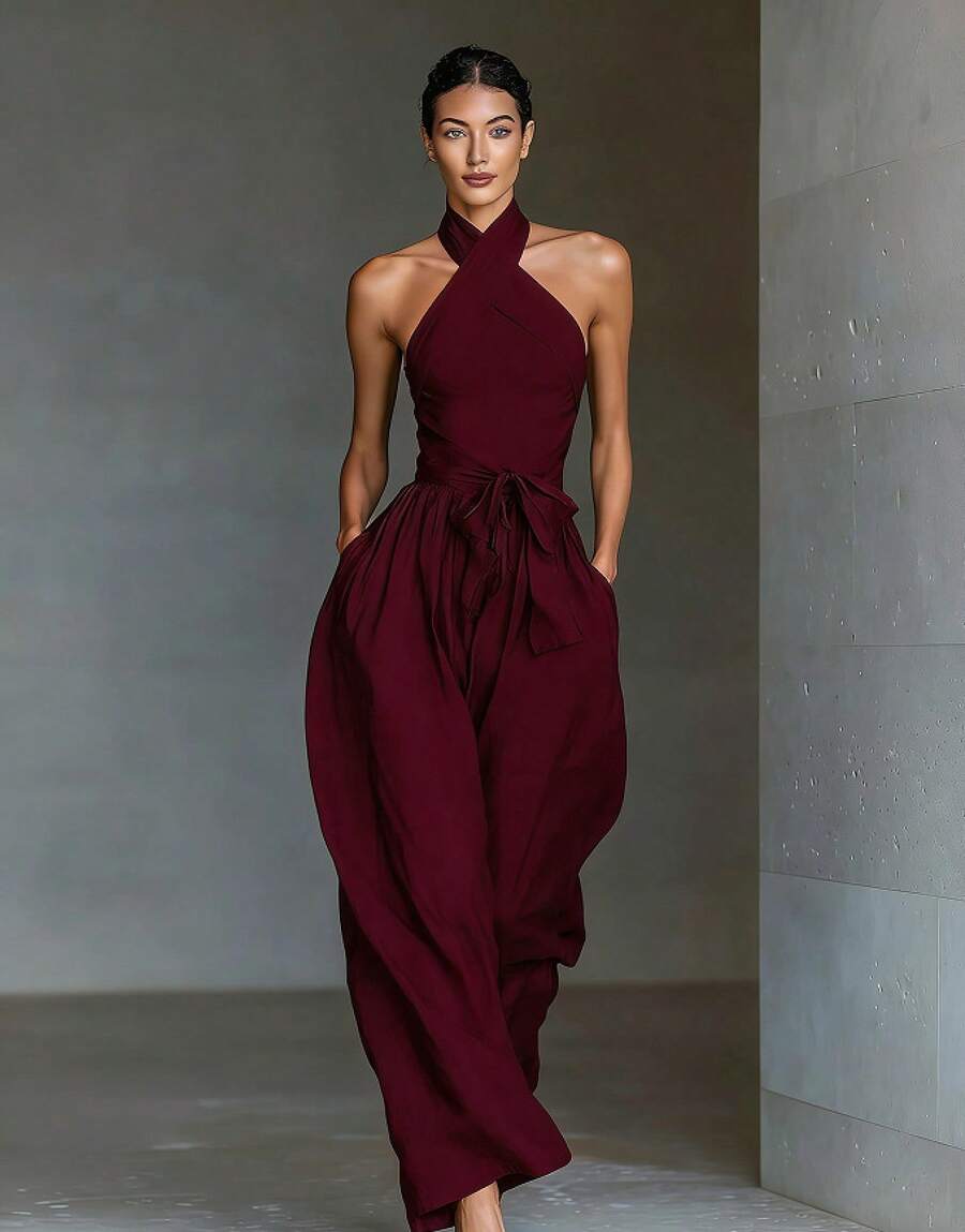 Port wine cross-halter jumpsuit