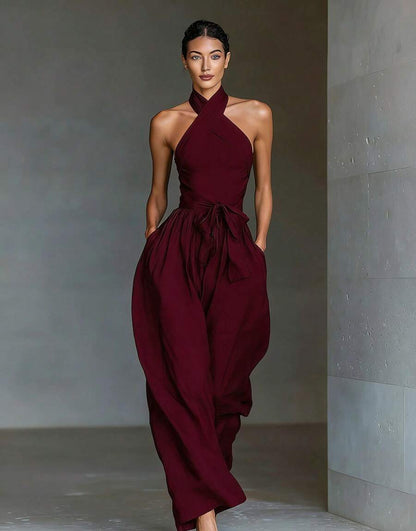 Port wine cross-halter jumpsuit