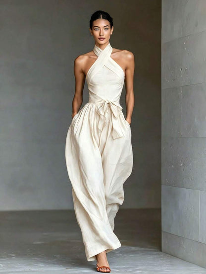 Raw ivory cross-halter jumpsuit