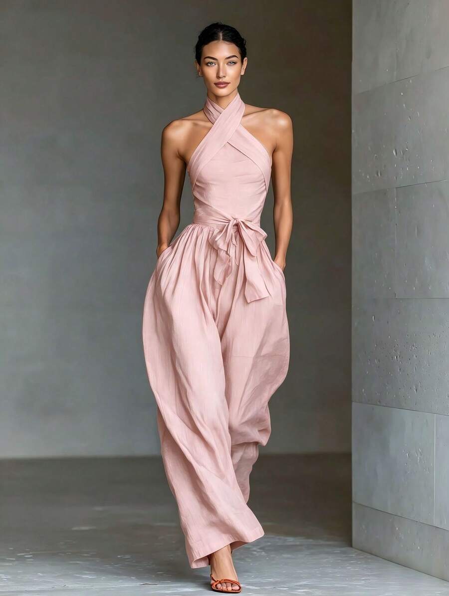Blush cross-halter jumpsuit