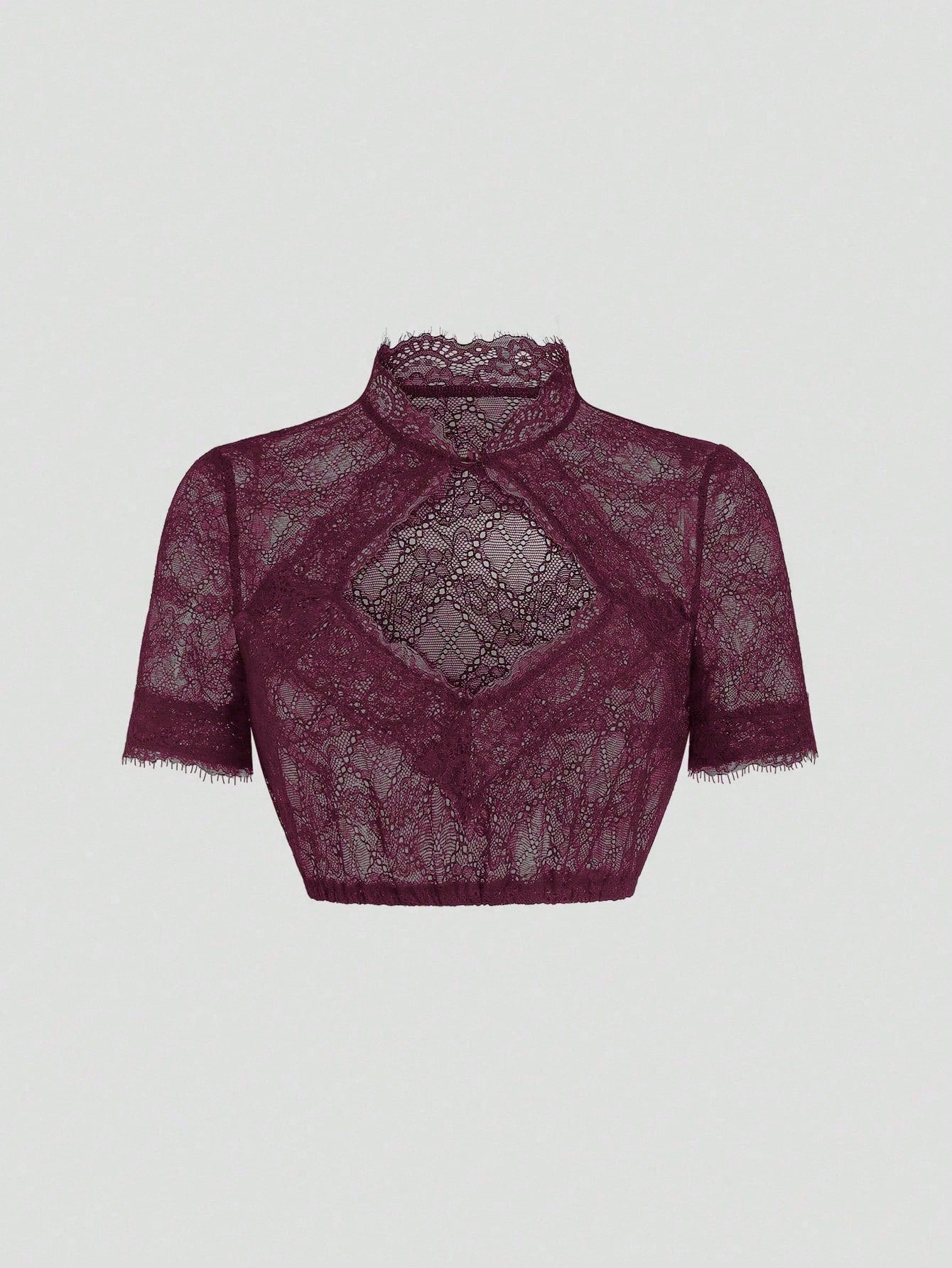 Oxblood sheer lace dirndl blouse front