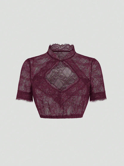 Oxblood sheer lace dirndl blouse front