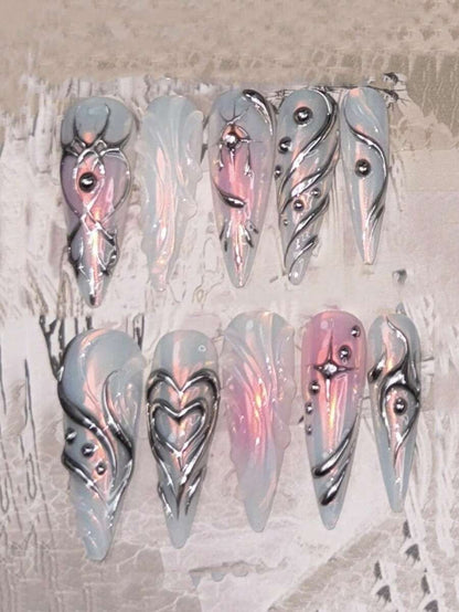 Icy blue and rosy pink liquid silver heart long stiletto press-on nails